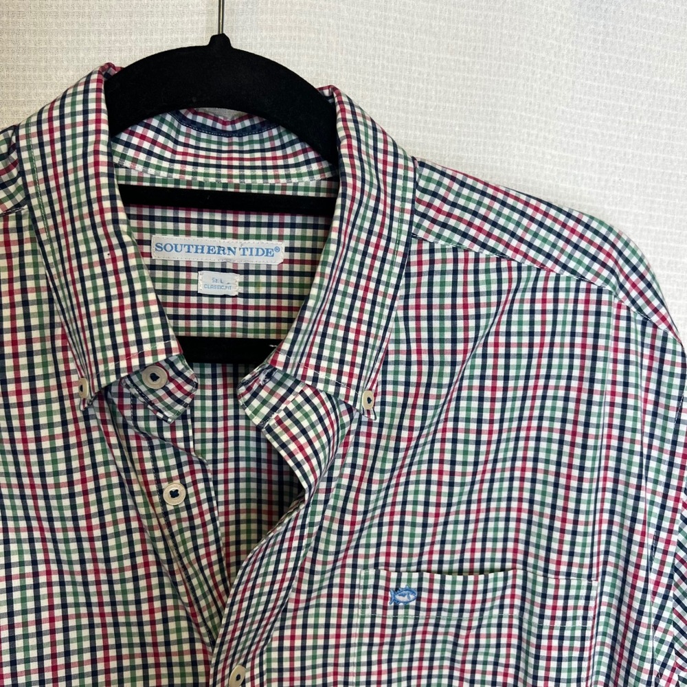 Southern Tide Mens Classic Fit Gingham Button Down Red Green XL Long Sleeve